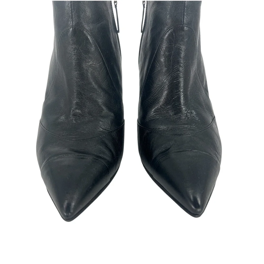 Chanel Pearl‎ CC Cone Heel Ankle Boots Black Leather Pointed Toe Size 39.5